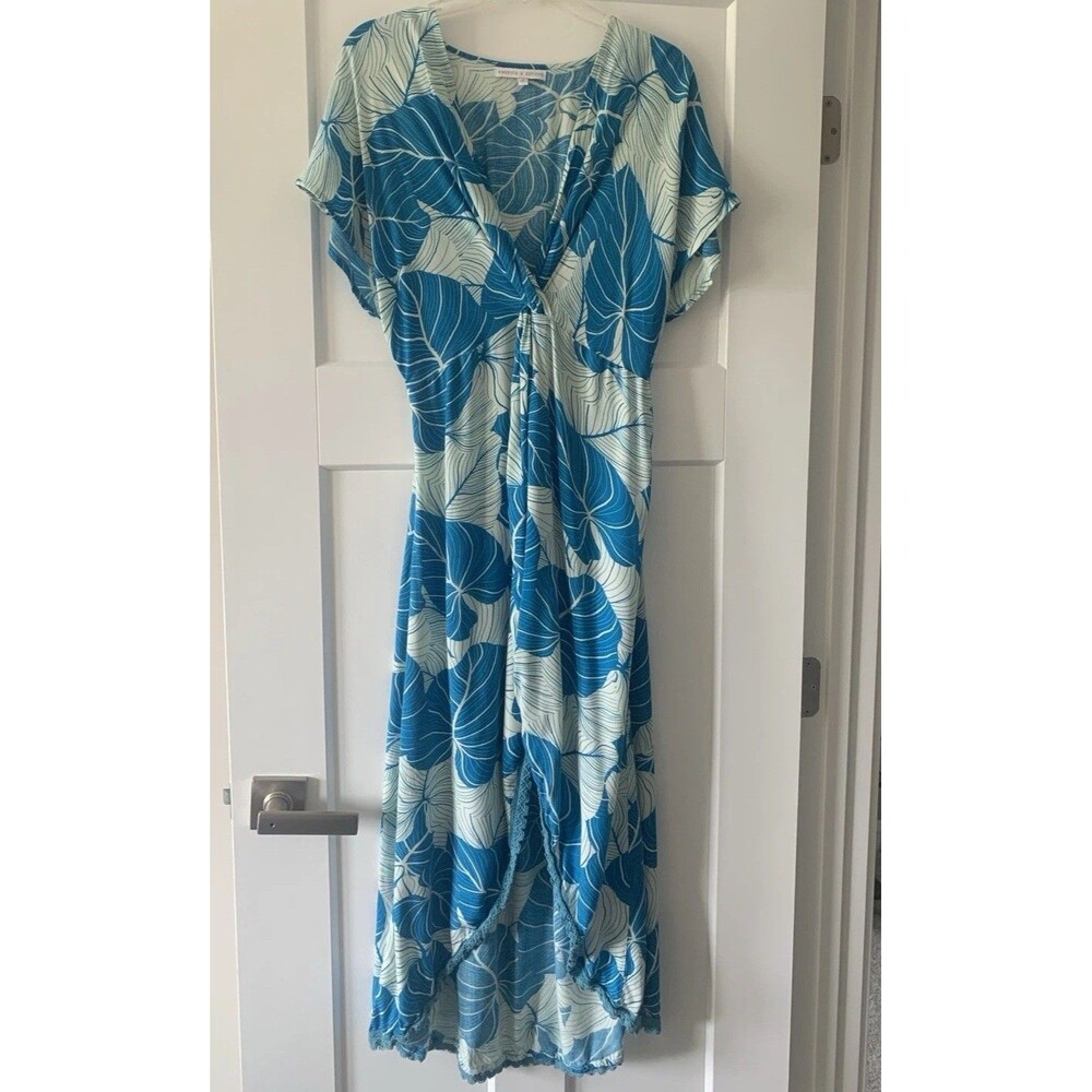 AMERICA‎ & BEYOND Blue Palm Leaf Tropical Print Crochet Trim Midi Maxi Dress M